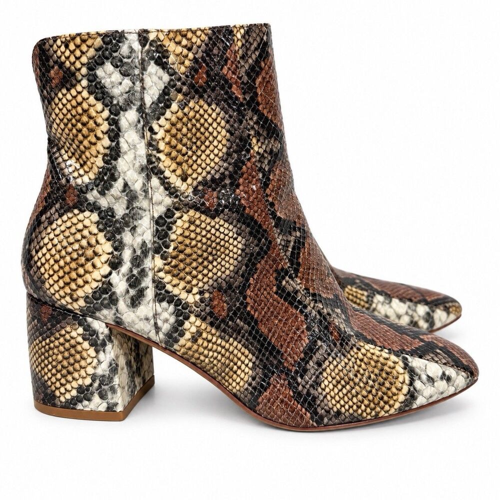 Chinese Laundry Women’s 10 Snake Print Ankle Boots Pointed Toe Block Heel Brown